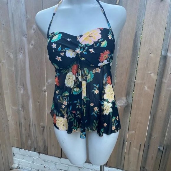 Kona Sol floral bandeau mesh flyaway tankini top size medium - Picture 4 of 6